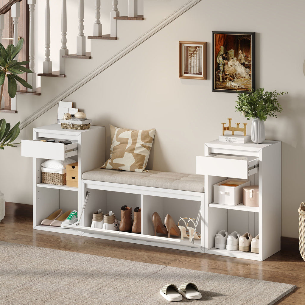 Entryway Storage Bench with Cushion, Drawers & Open Shelves