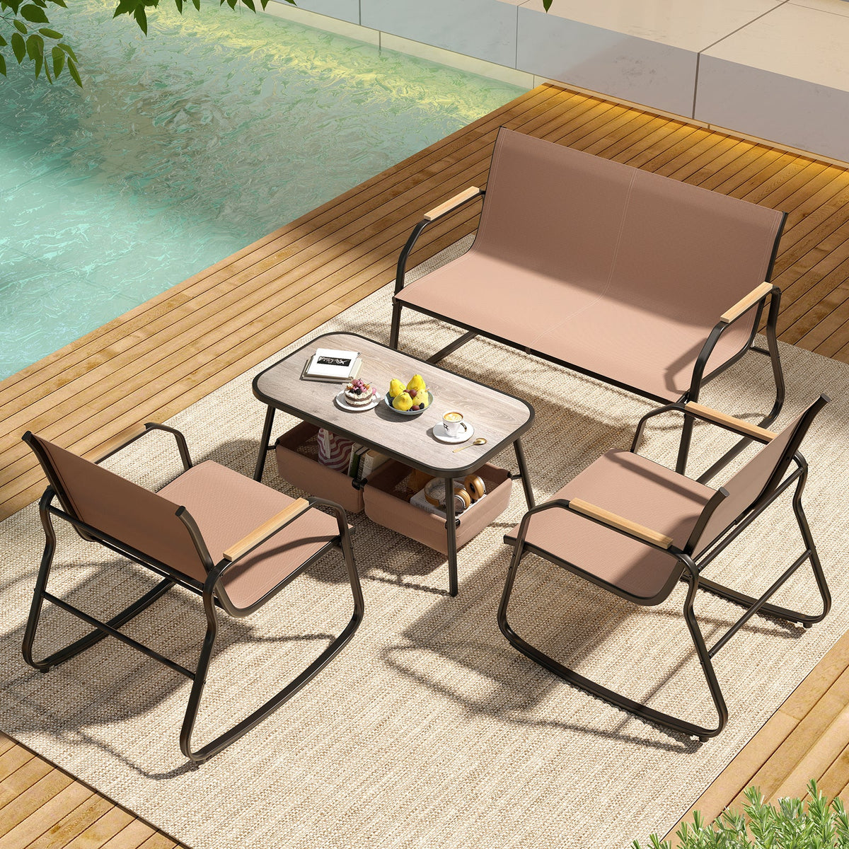 4-Piece Patio Rocking Bistro Set with Breathable Mesh – Coffee