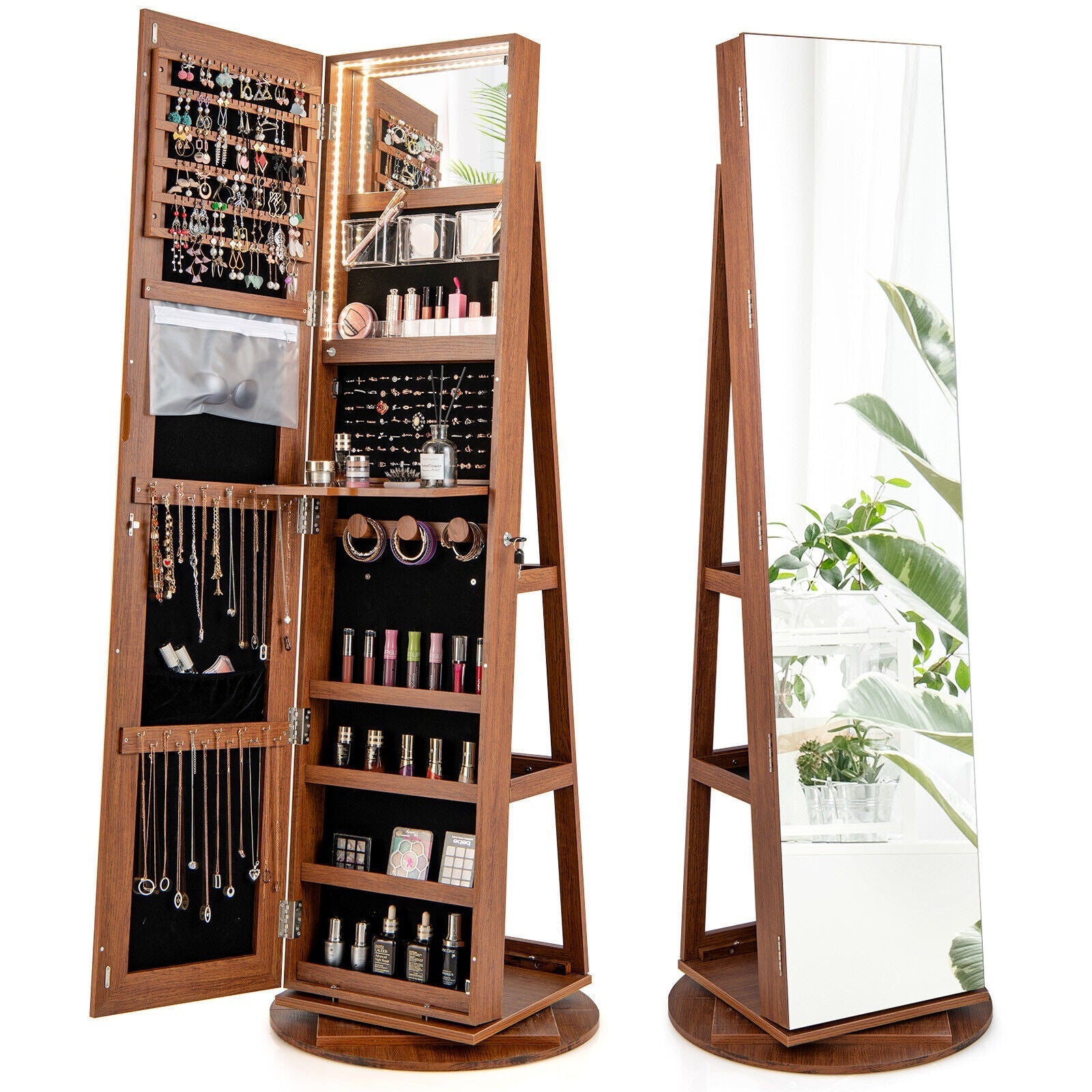 360° Rotating Mirrored Jewelry Cabinet Armoire 3 Color LED Modes Lockable