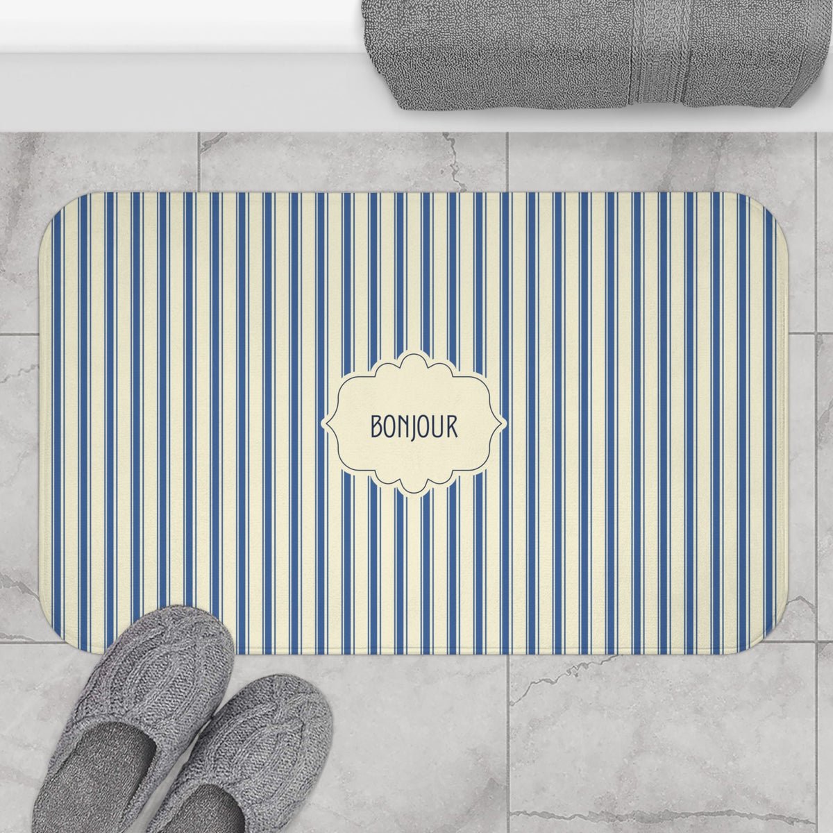 Bonjour Striped Memory Foam Bath Mat – French Blue