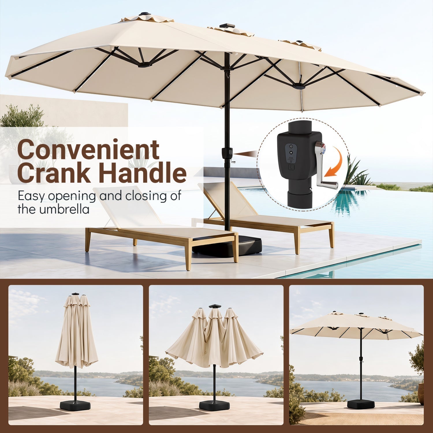 15.5 ft Patio Umbrella with Solar LED Lights & Crank