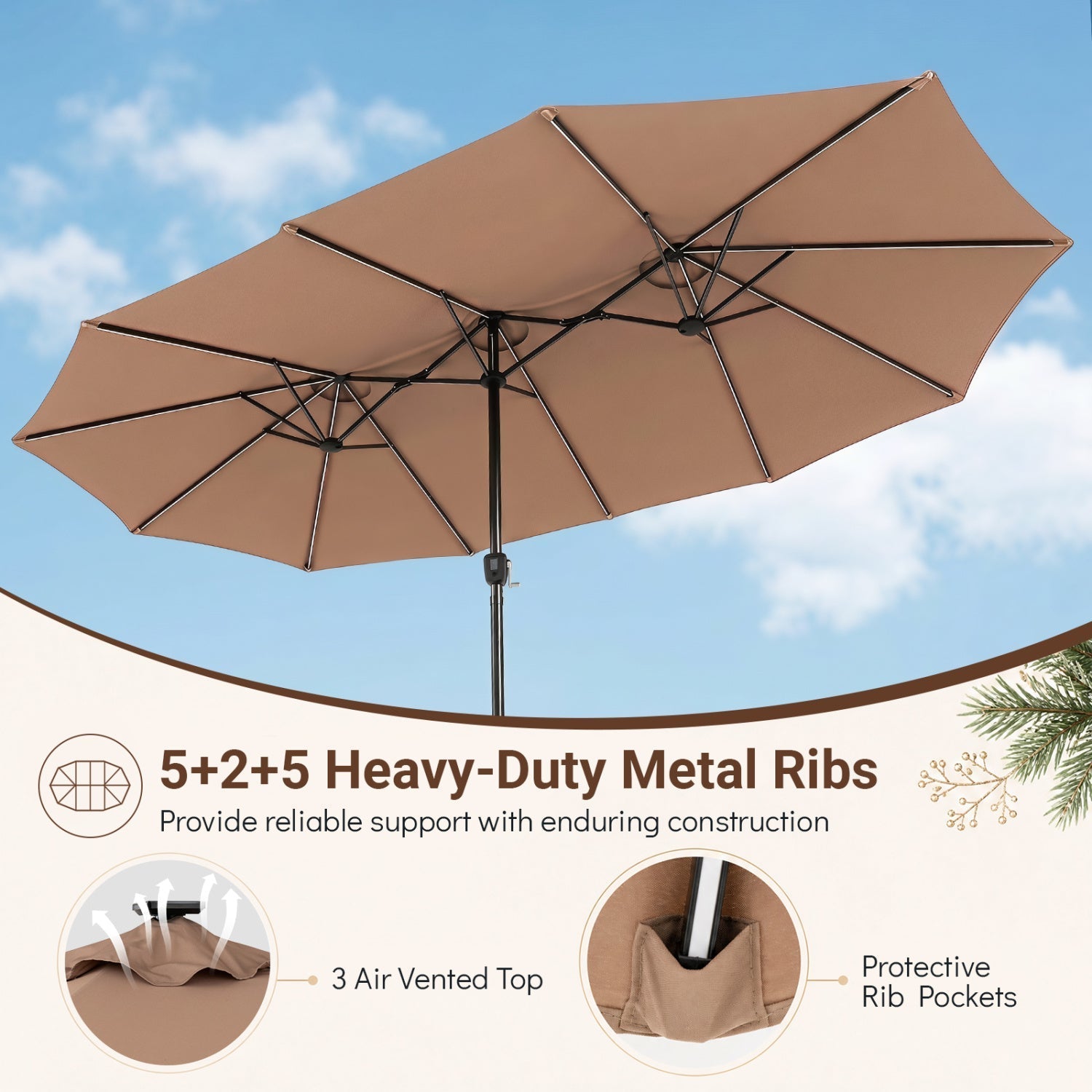 15.5 ft Patio Umbrella with Solar LED Lights & Crank
