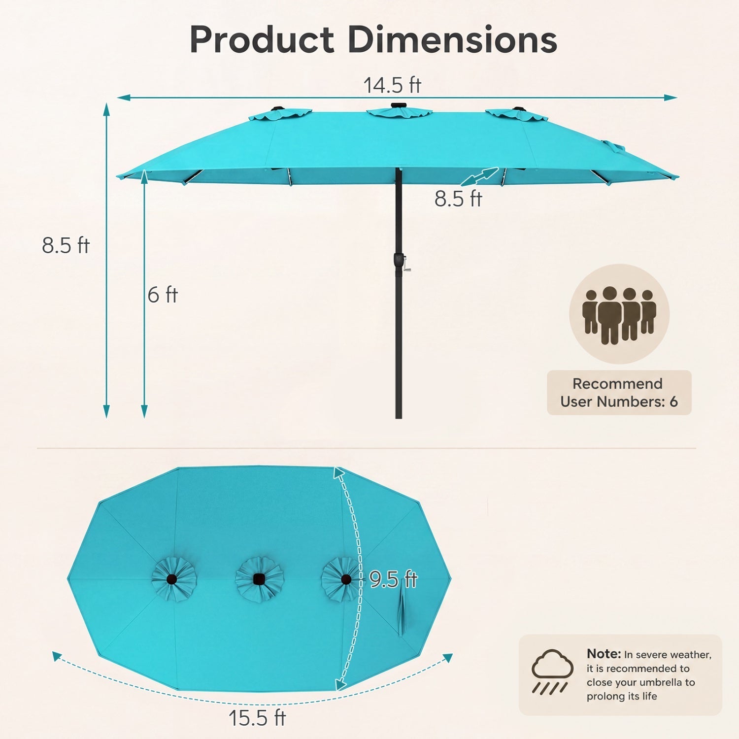 15.5 ft Patio Umbrella with Solar LED Lights & Crank