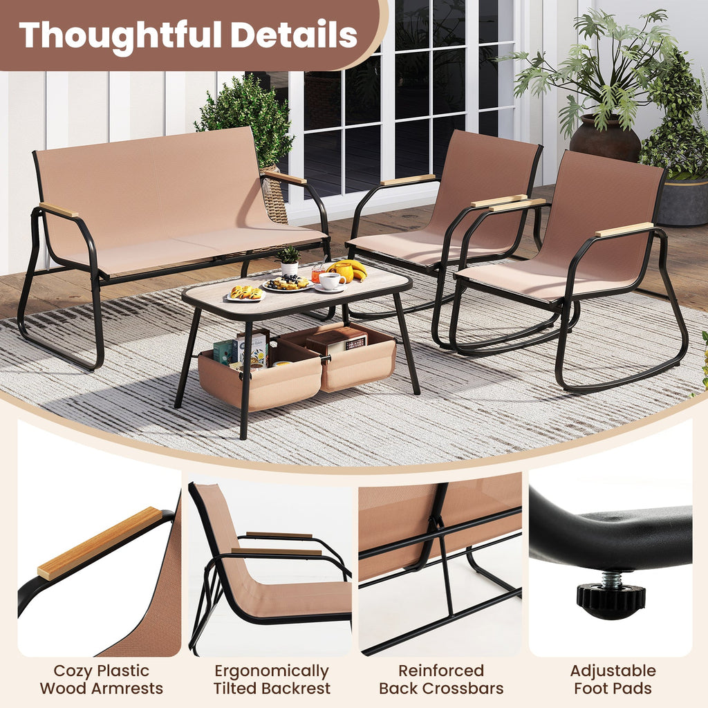 4-Piece Patio Rocking Bistro Set with Breathable Mesh – Coffee