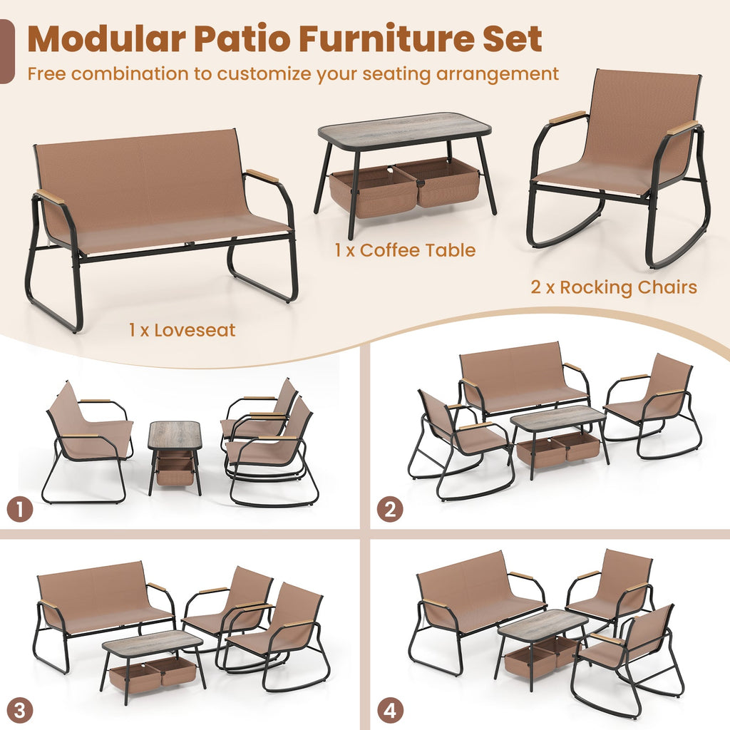 4-Piece Patio Rocking Bistro Set with Breathable Mesh – Coffee