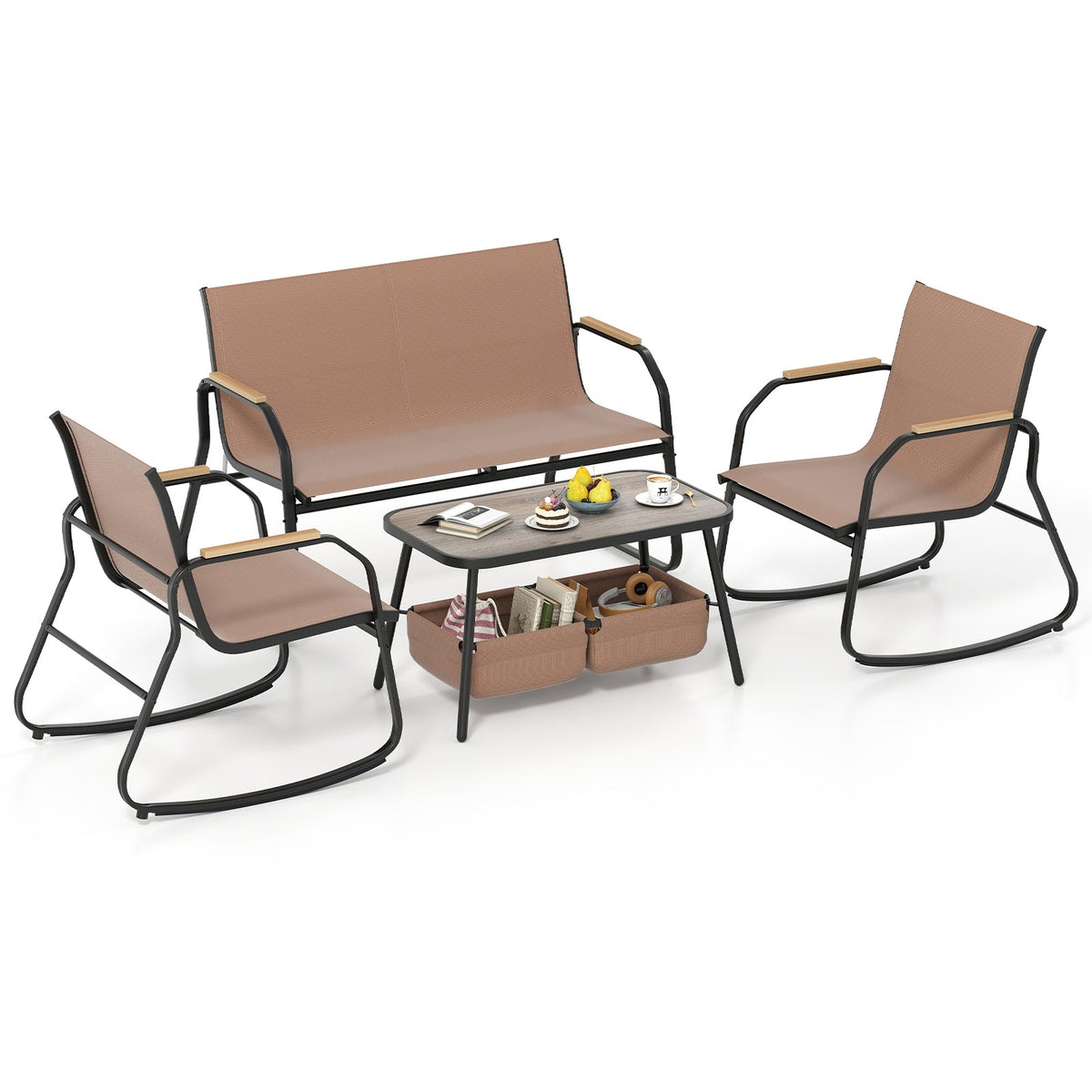 4-Piece Patio Rocking Bistro Set with Breathable Mesh – Coffee