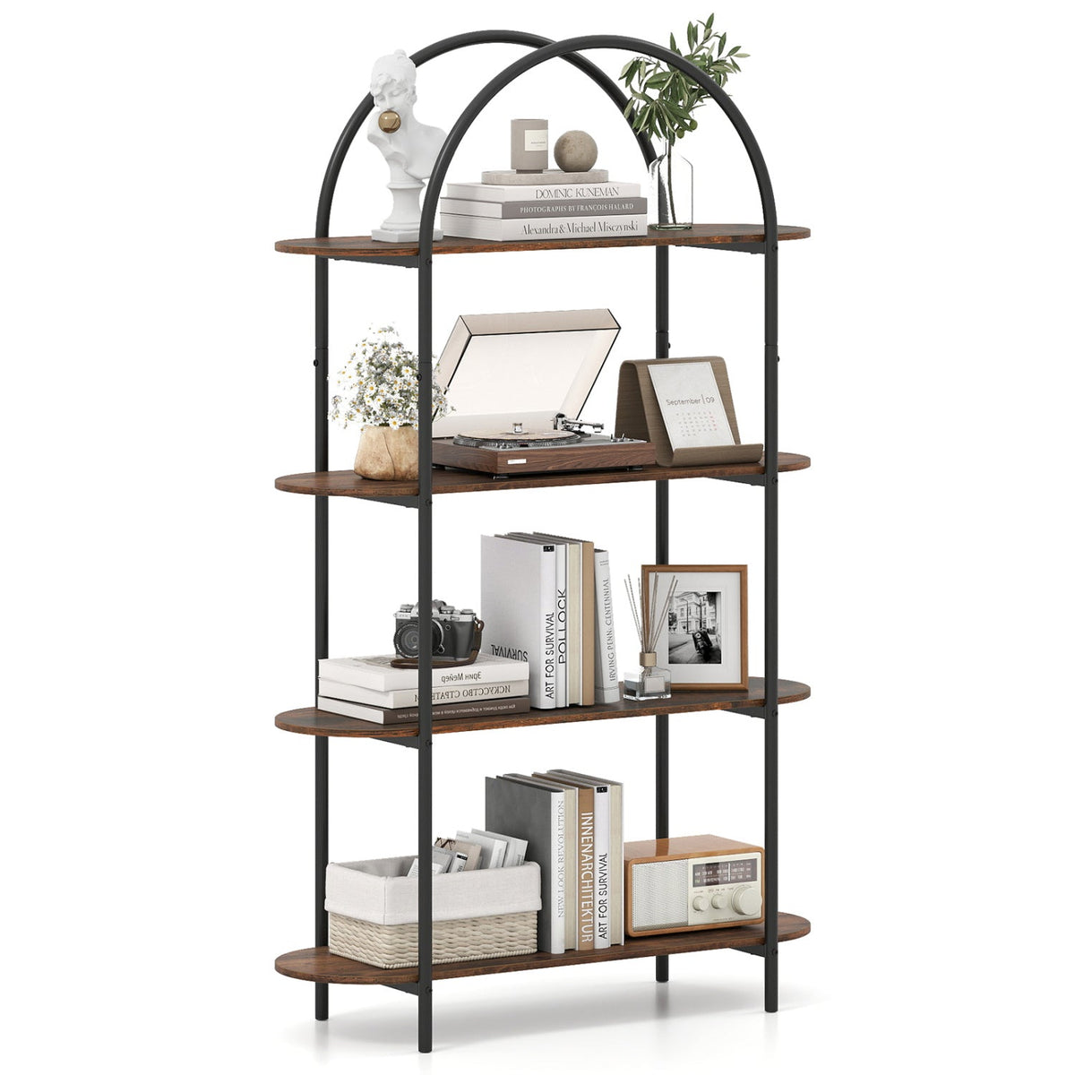 Arched 4-Tier Bookcase with Metal Frame