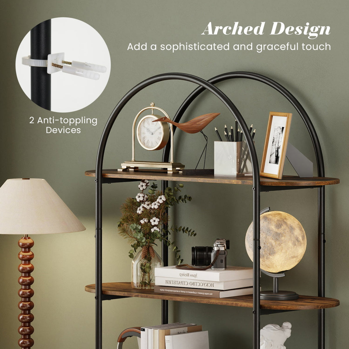 Arched 4-Tier Bookcase with Metal Frame