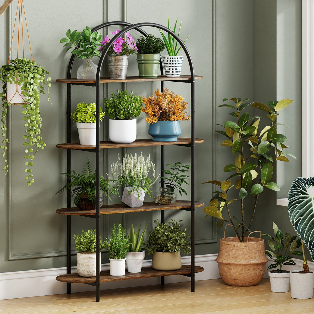 Arched 4-Tier Bookcase with Metal Frame