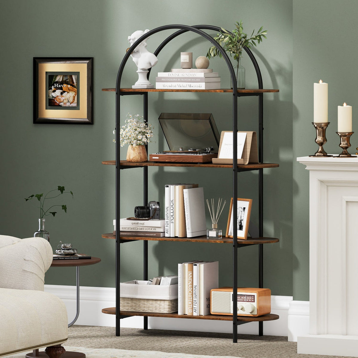 Arched 4-Tier Bookcase with Metal Frame