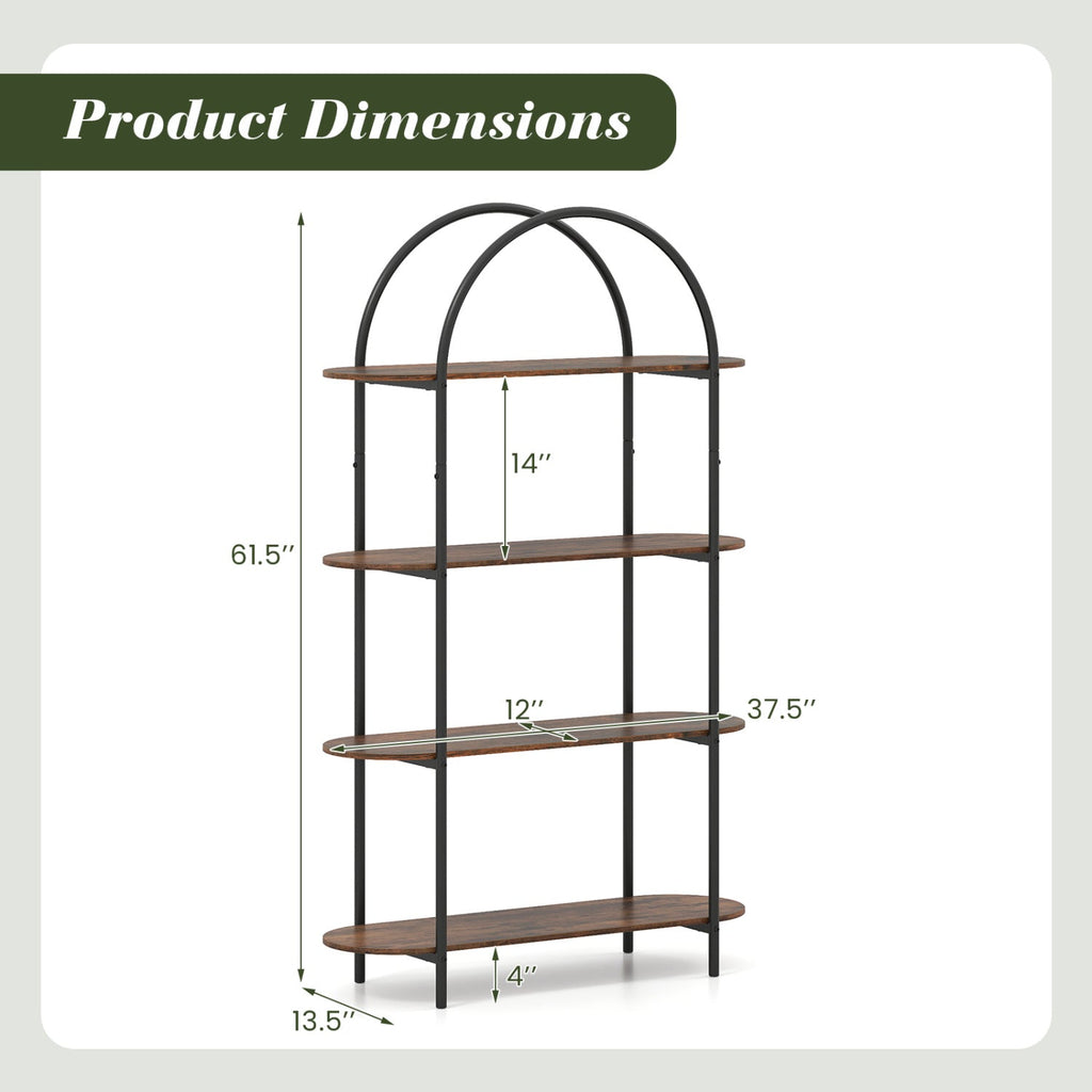 Arched 4-Tier Bookcase with Metal Frame