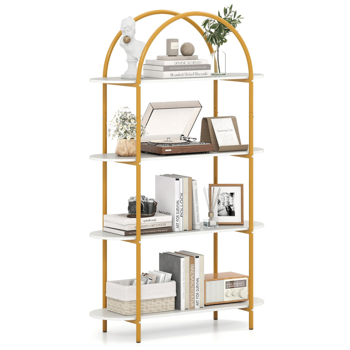Arched 4-Tier Bookcase with Metal Frame