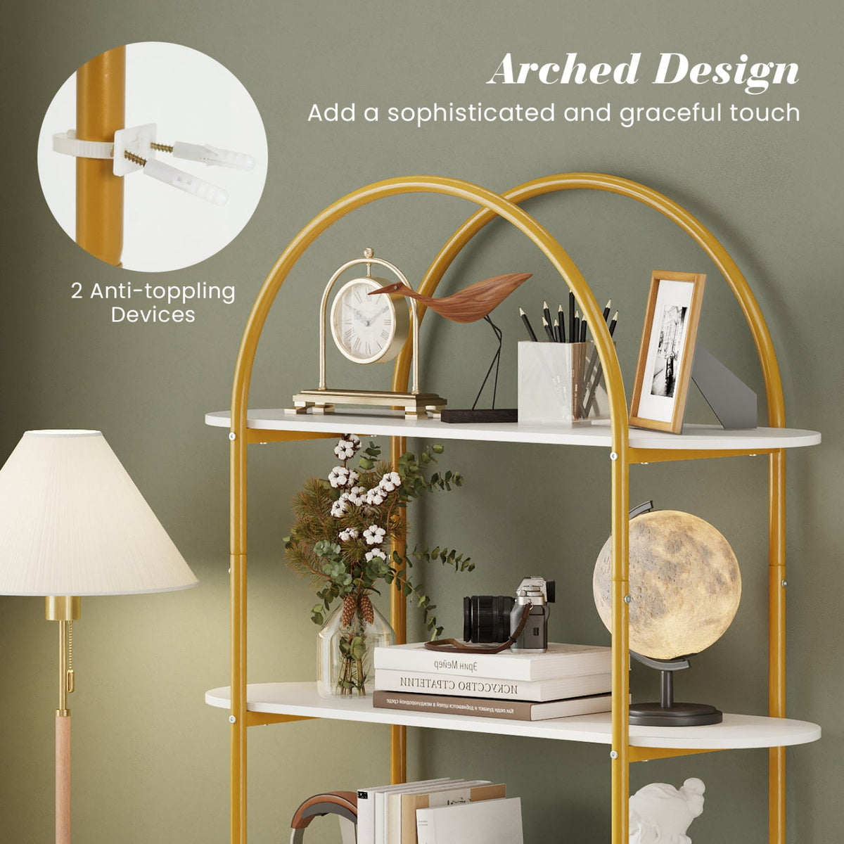 Arched 4-Tier Bookcase with Metal Frame