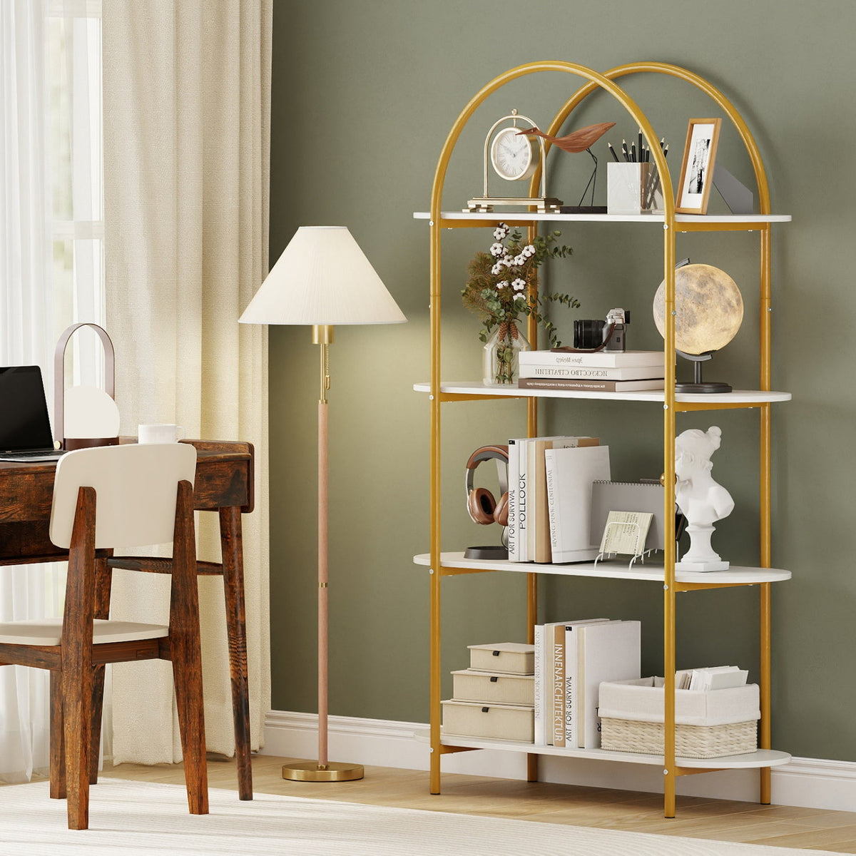 Arched 4-Tier Bookcase with Metal Frame
