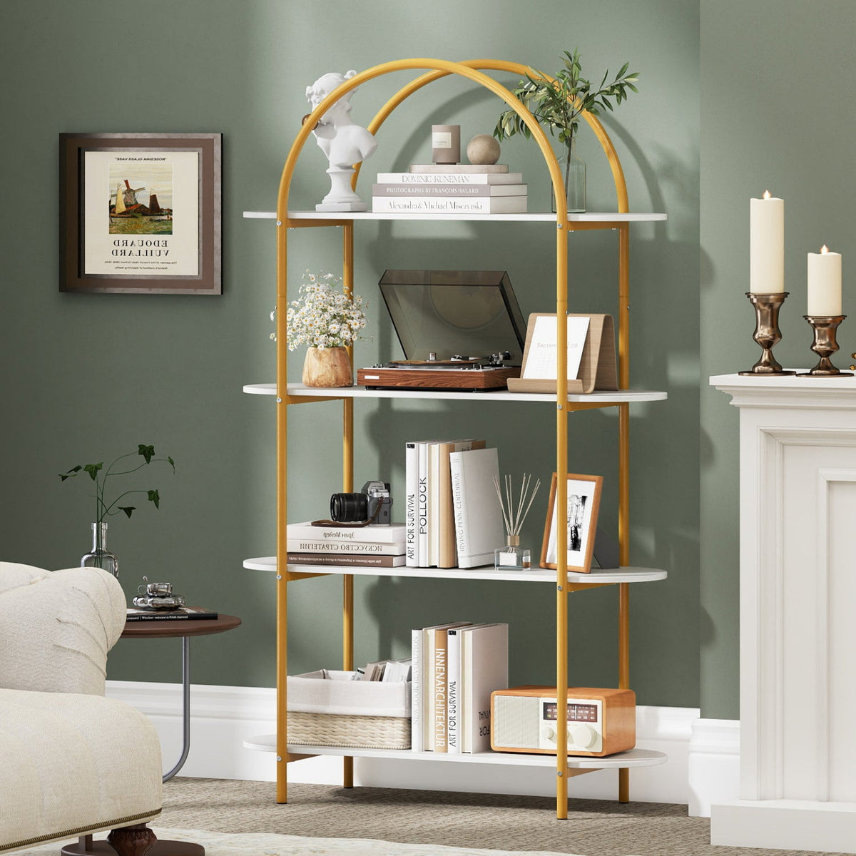 Arched 4-Tier Bookcase with Metal Frame