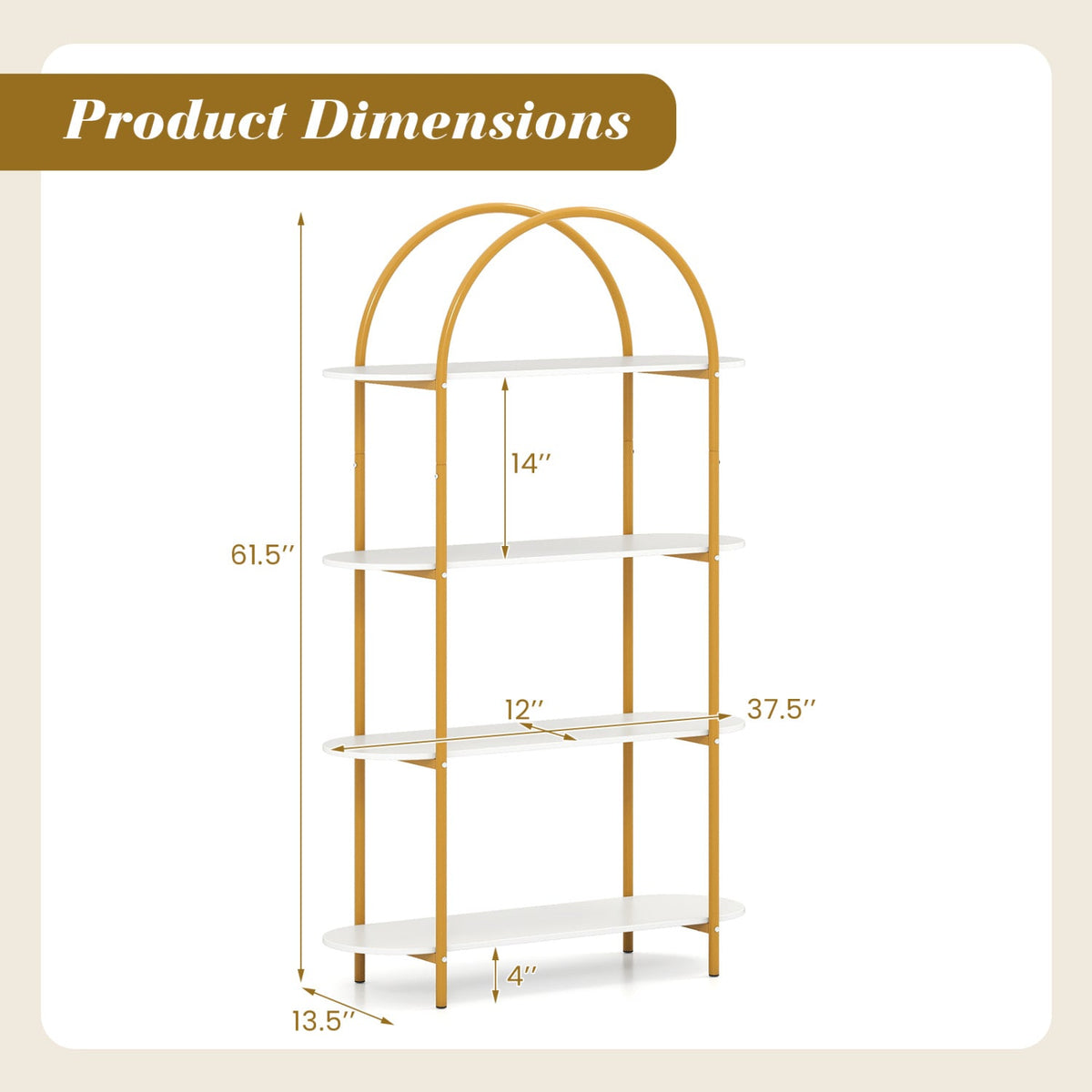 Arched 4-Tier Bookcase with Metal Frame