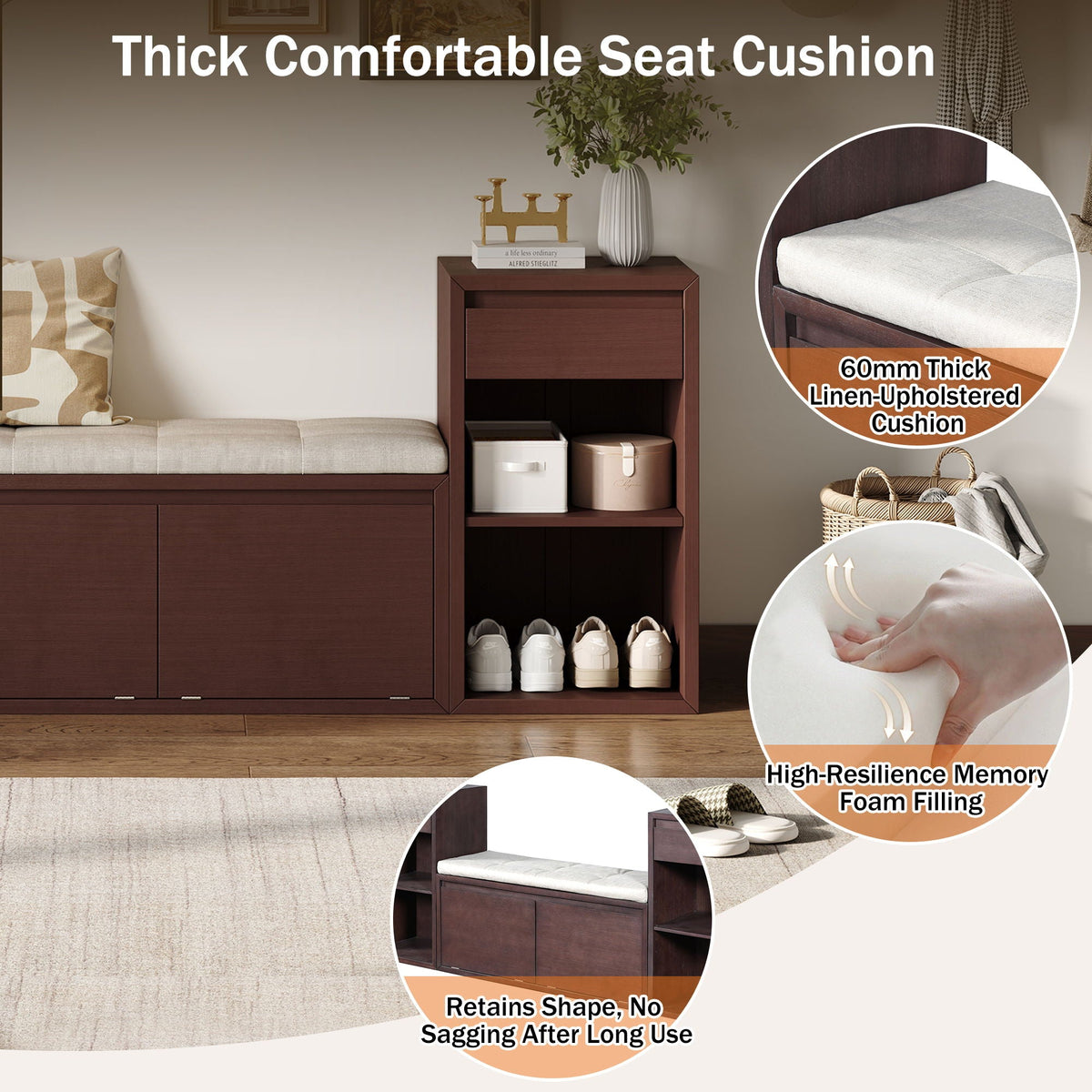 Entryway Storage Bench with Cushion, Drawers & Open Shelves