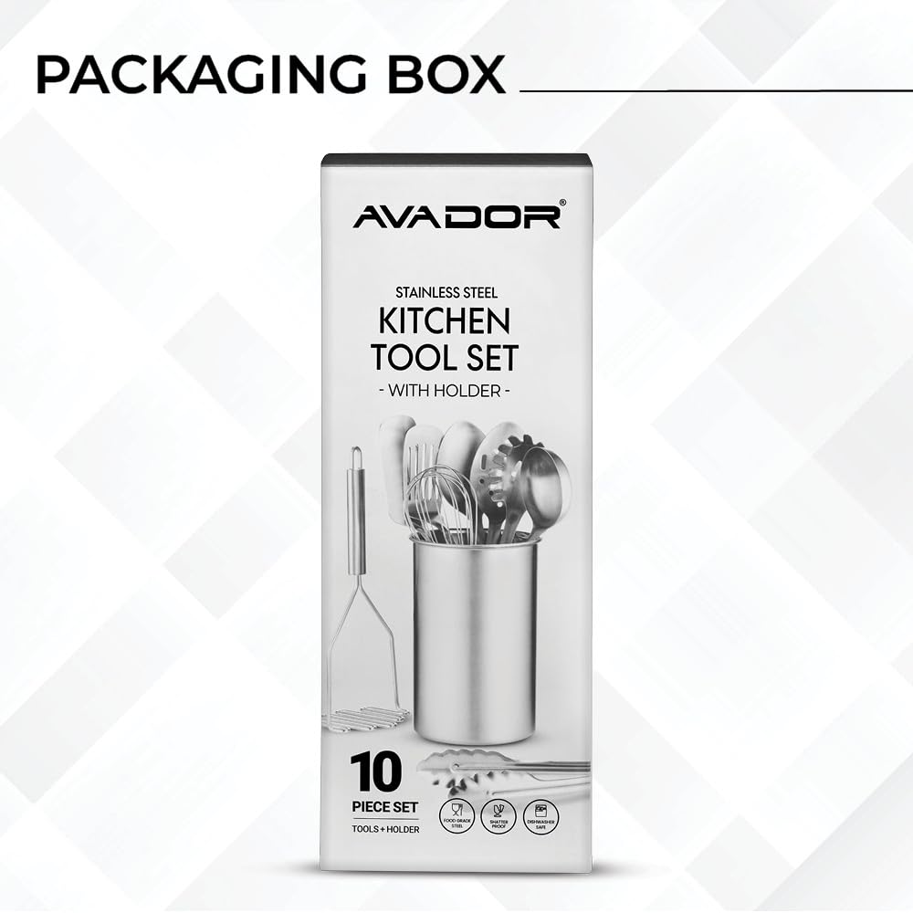 Avador Stainless Steel Kitchen Utensil Set with Holder – 10 Pieces