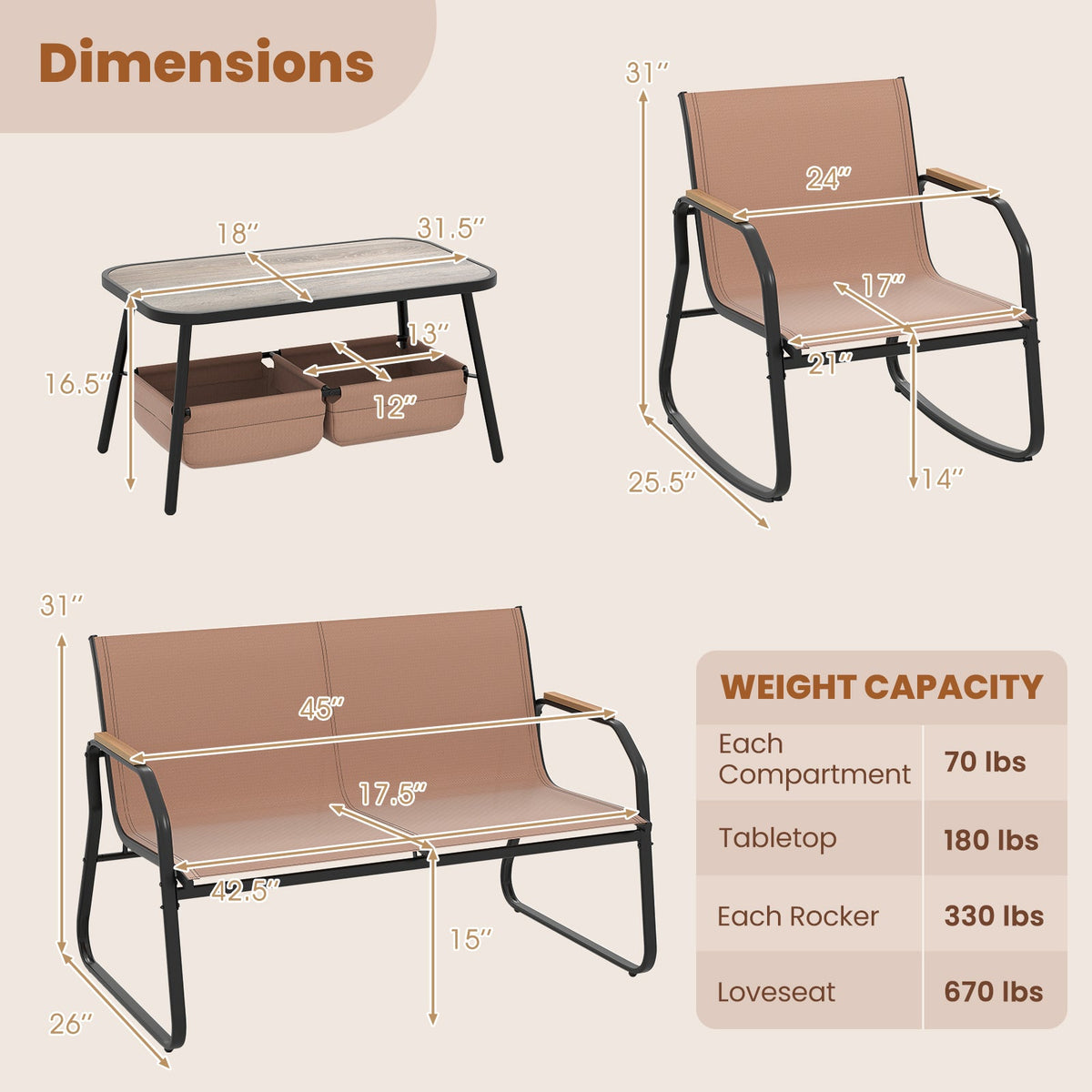 4-Piece Patio Rocking Bistro Set with Breathable Mesh – Coffee