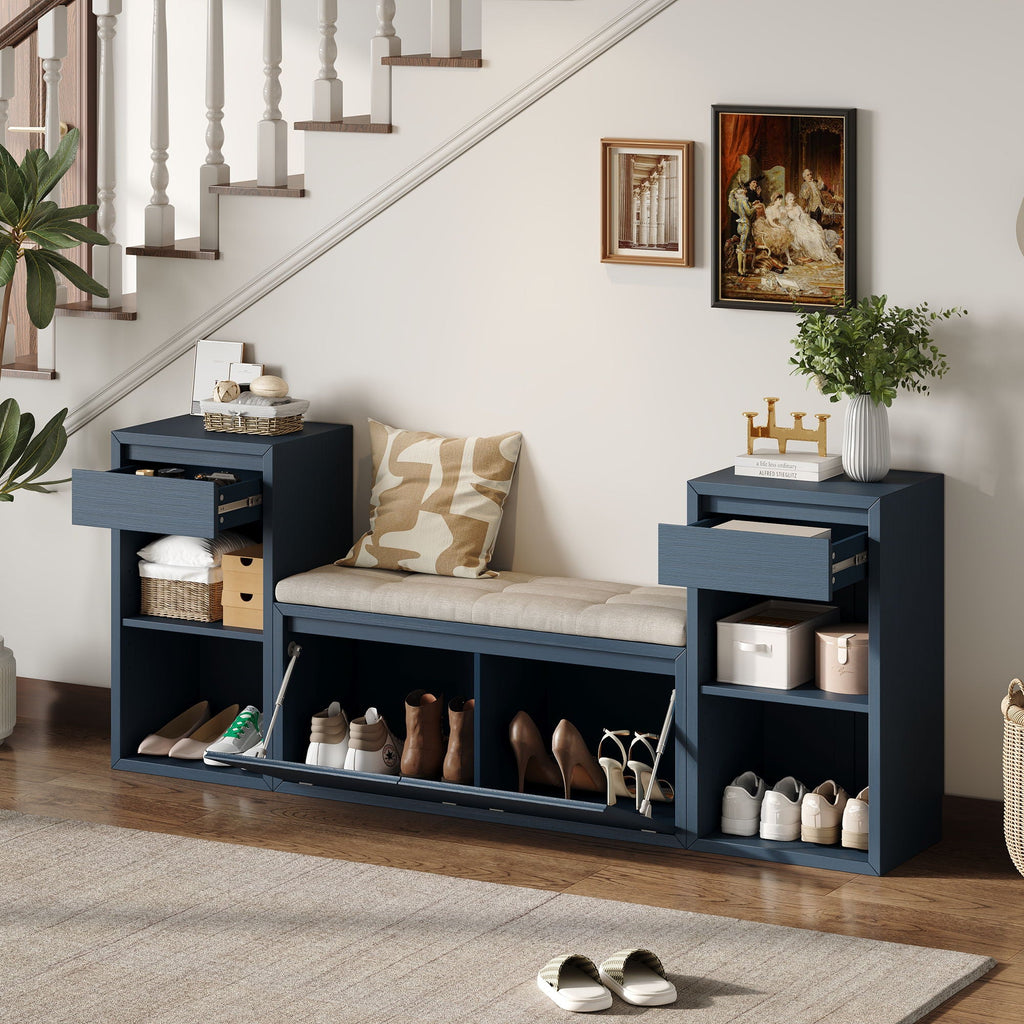 Entryway Storage Bench with Cushion, Drawers & Open Shelves