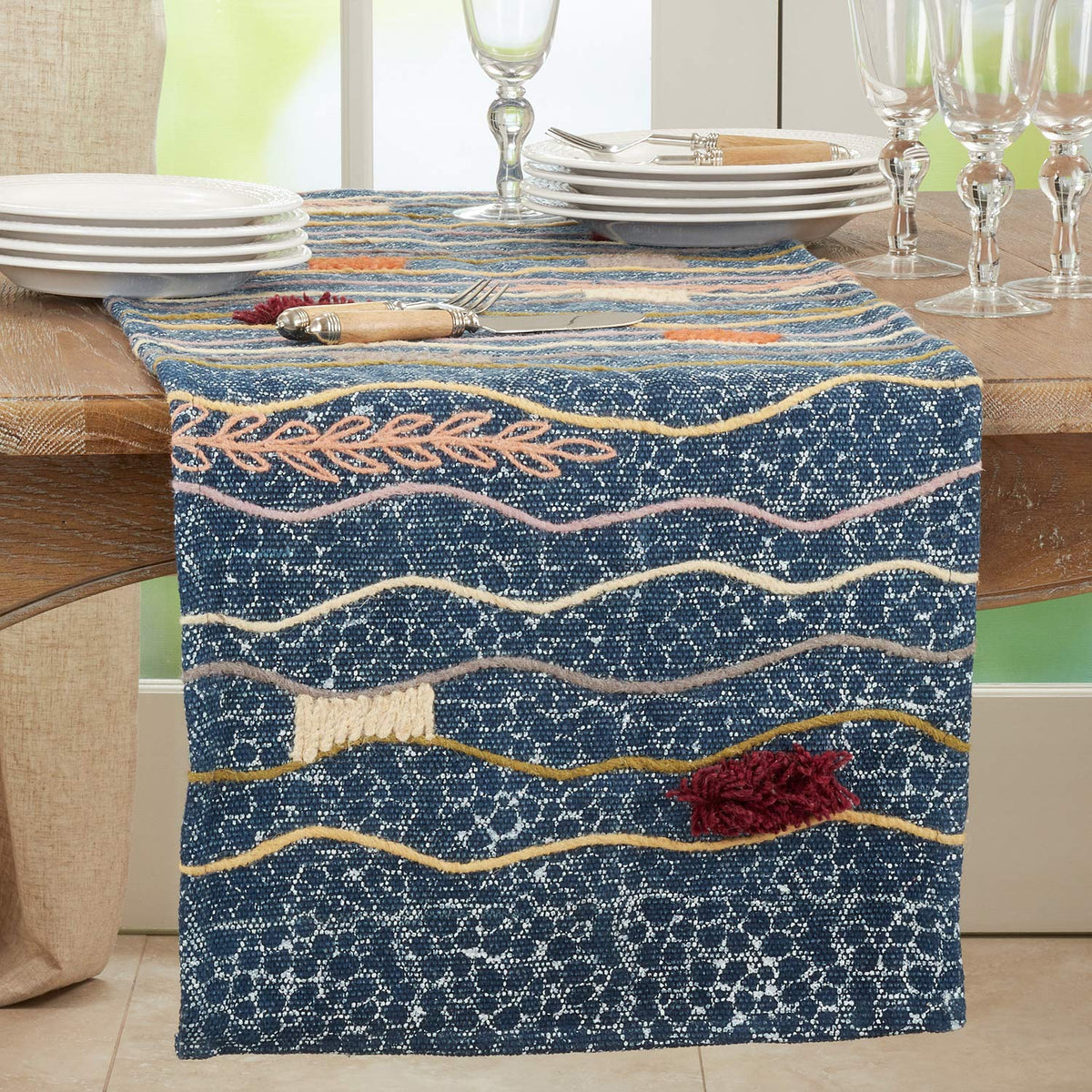 Fennco Styles Abstract Embroidered Cotton Table Runner – 16 x 72 Inch