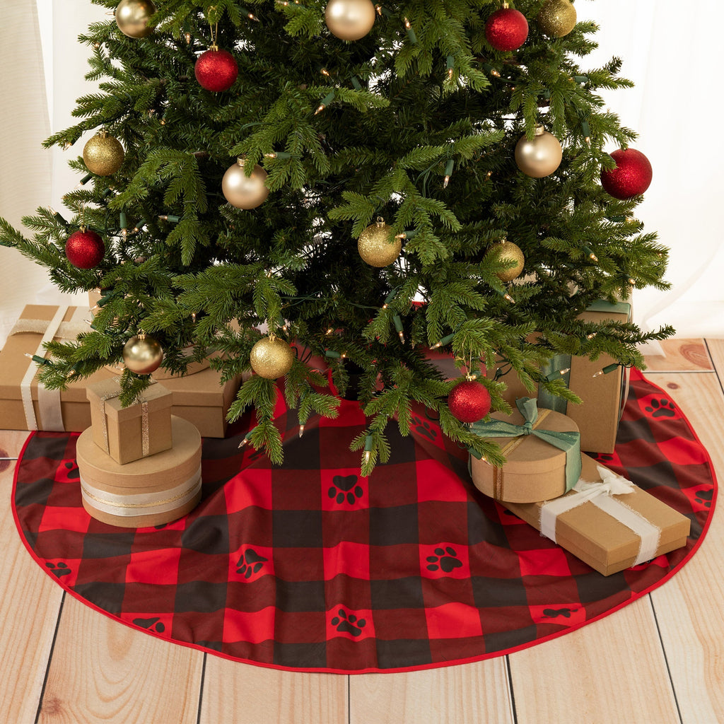 Pets & Paws Christmas Tree Skirt – Buffalo Plaid, Dog or Cat