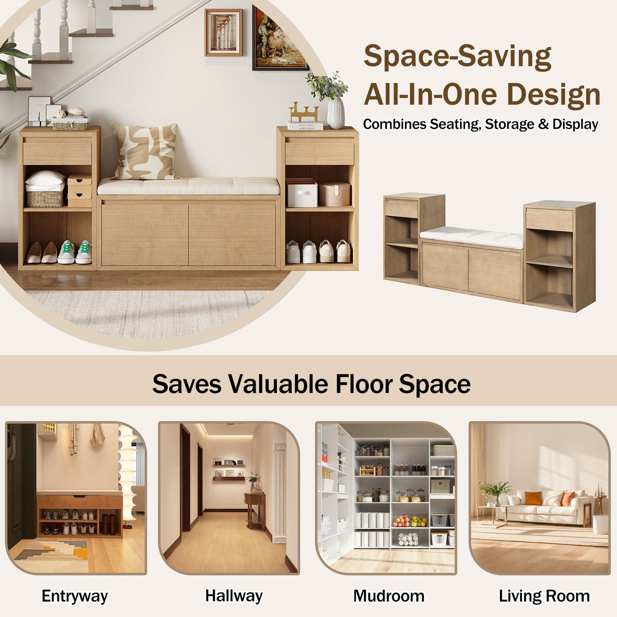 Entryway Storage Bench with Cushion, Drawers & Open Shelves