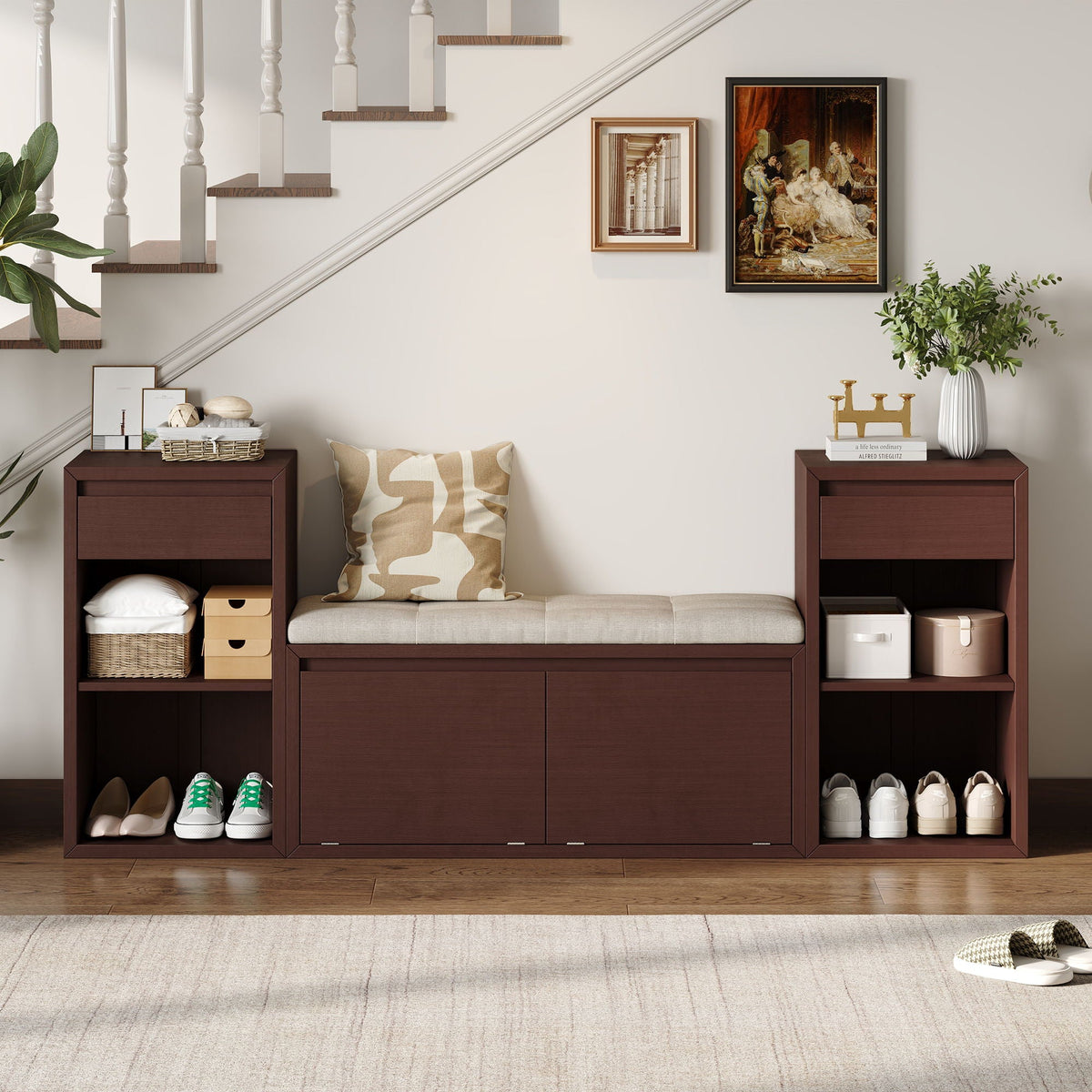 Entryway Storage Bench with Cushion, Drawers & Open Shelves