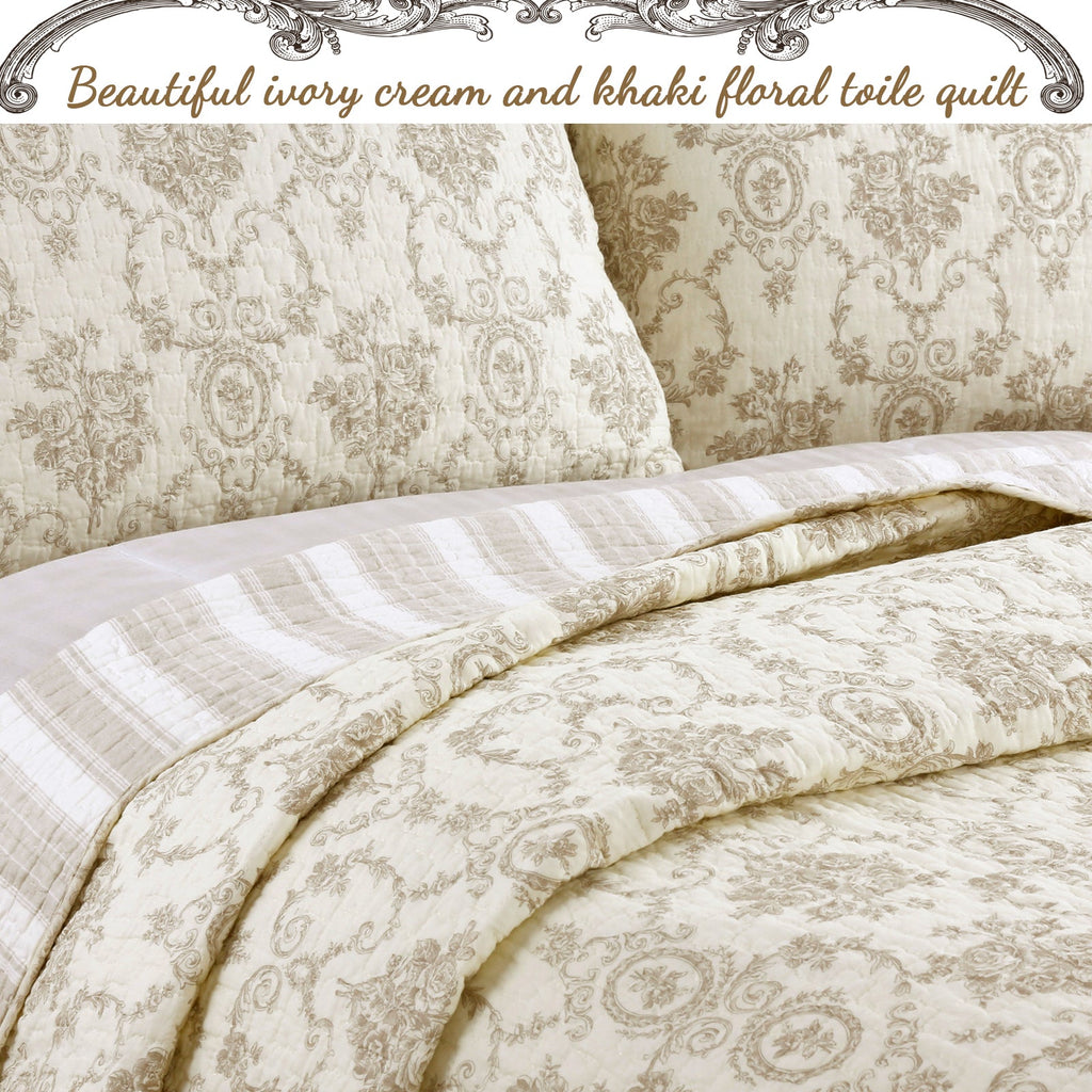 Cozy Line French Medallion Cotton Quilt Set – Ivory, 3 Pieces