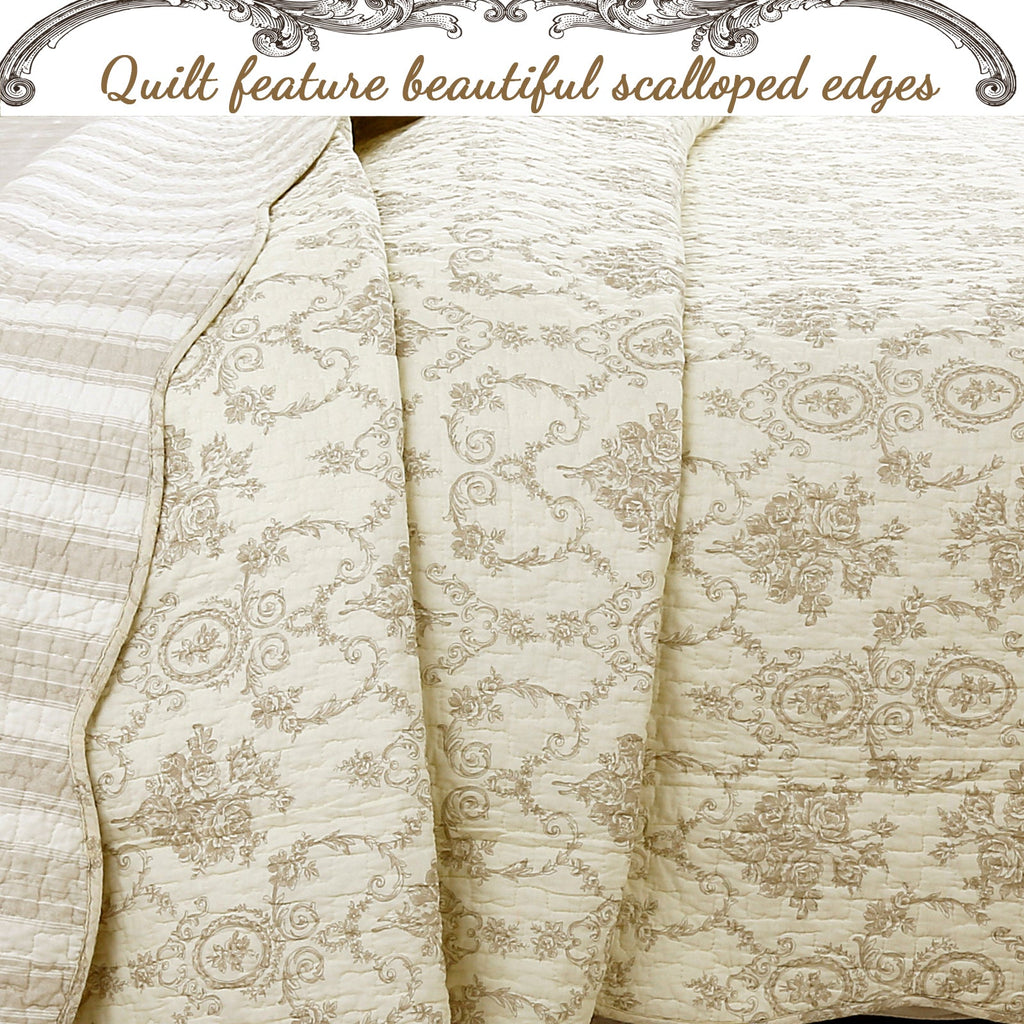 Cozy Line French Medallion Cotton Quilt Set – Ivory, 3 Pieces