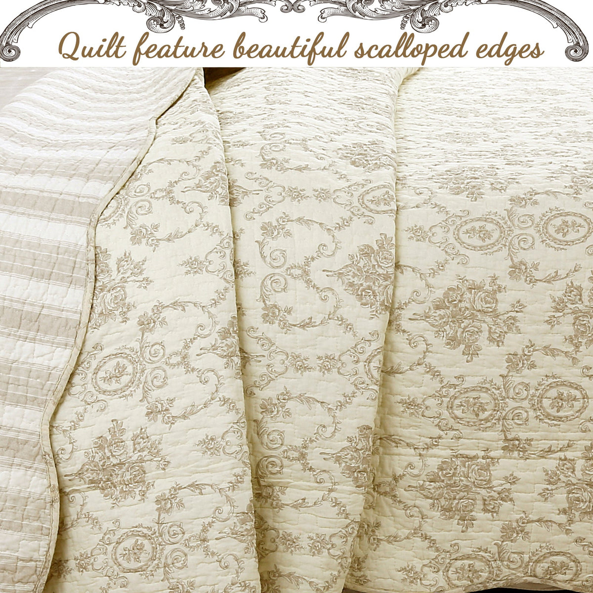 Cozy Line French Medallion Cotton Quilt Set – Ivory, 3 Pieces