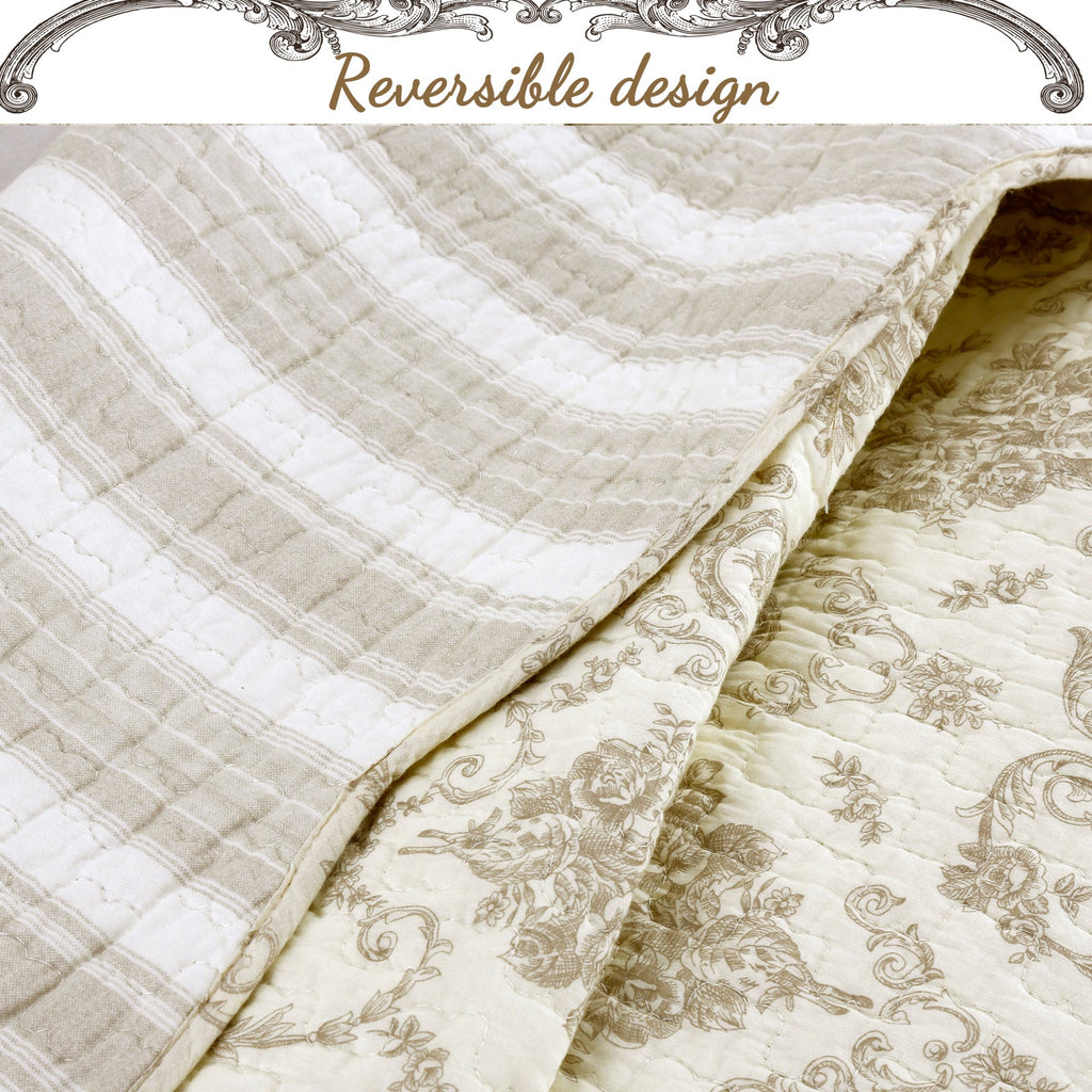 Cozy Line French Medallion Cotton Quilt Set – Ivory, 3 Pieces