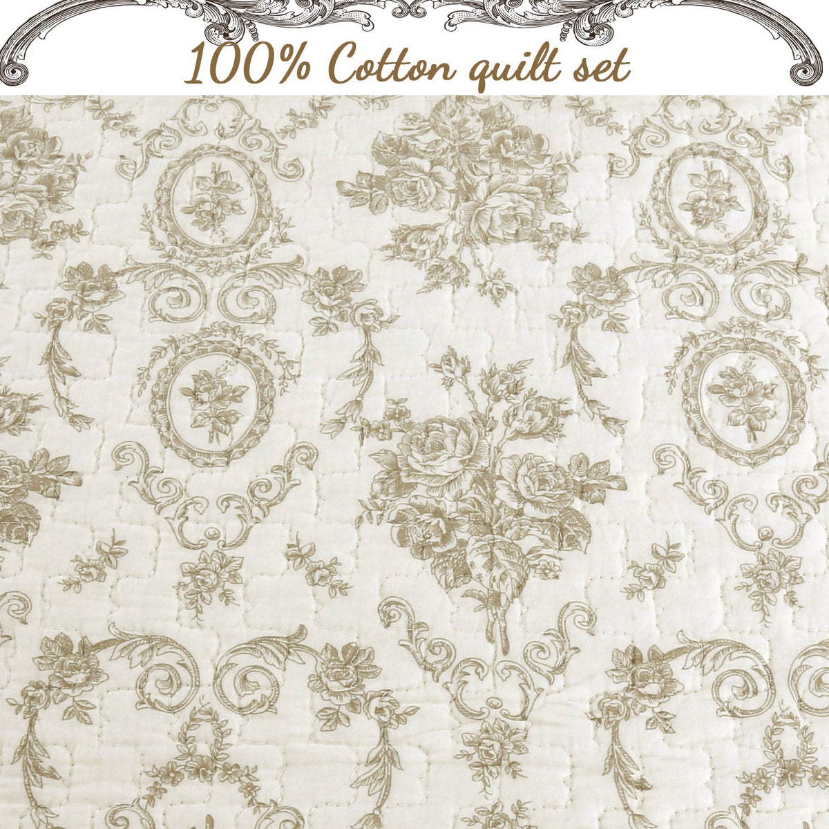 Cozy Line French Medallion Cotton Quilt Set – Ivory, 3 Pieces