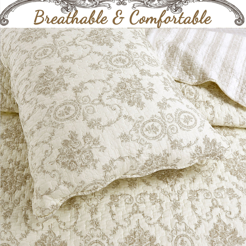 Cozy Line French Medallion Cotton Quilt Set – Ivory, 3 Pieces