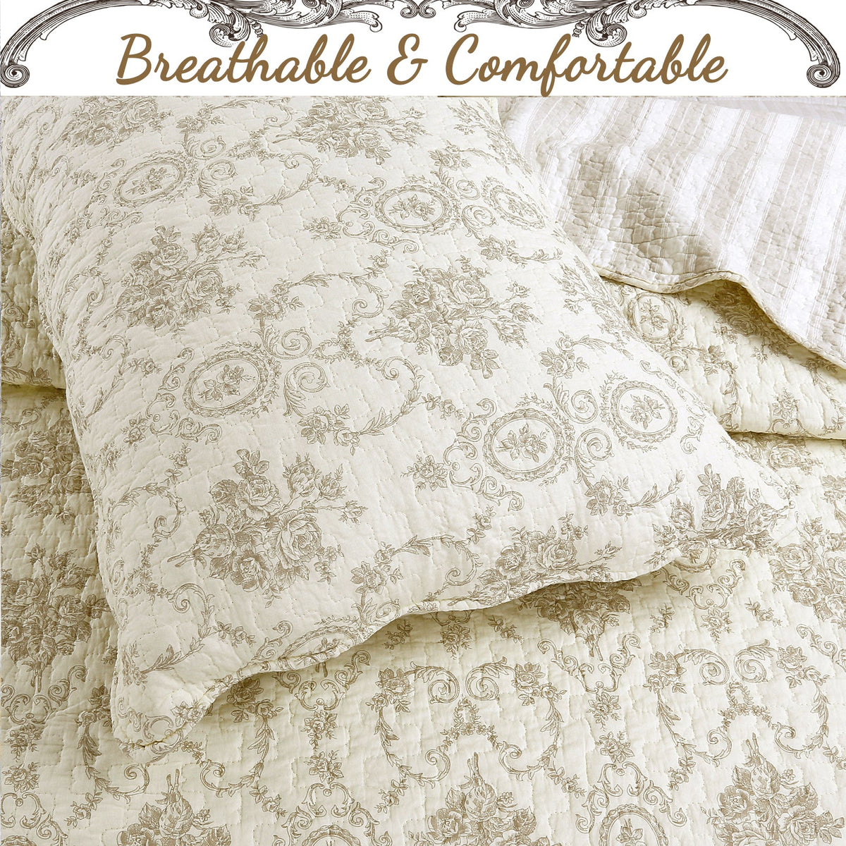 Cozy Line French Medallion Cotton Quilt Set – Ivory, 3 Pieces