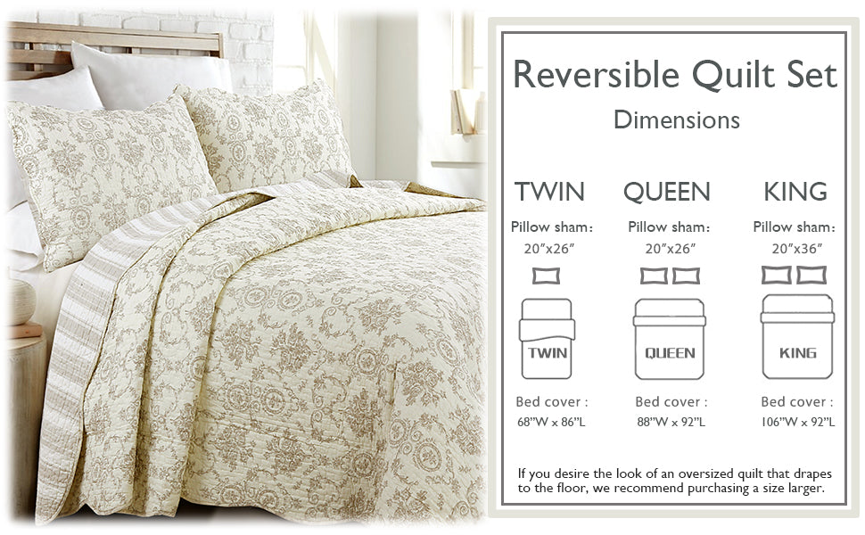 Cozy Line French Medallion Cotton Quilt Set – Ivory, 3 Pieces