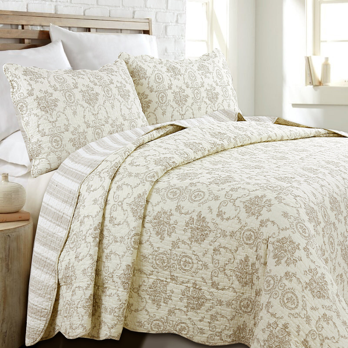 Cozy Line French Medallion Cotton Quilt Set – Ivory, 3 Pieces