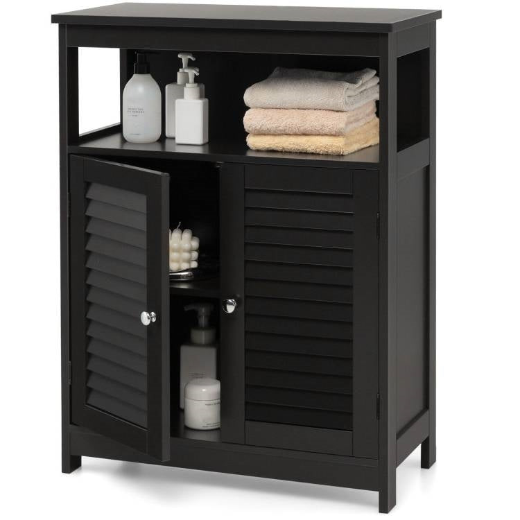 Farmhouse Bathroom Cabinet with Louvered Doors – Black