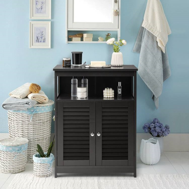 Farmhouse Bathroom Cabinet with Louvered Doors – Black
