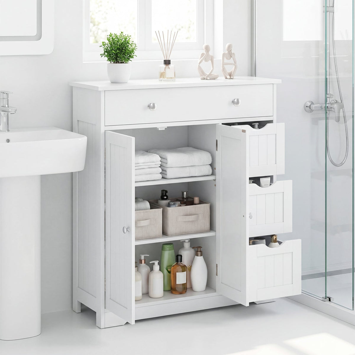 Bathroom Floor Cabinet with 4 Drawers & 2 Doors