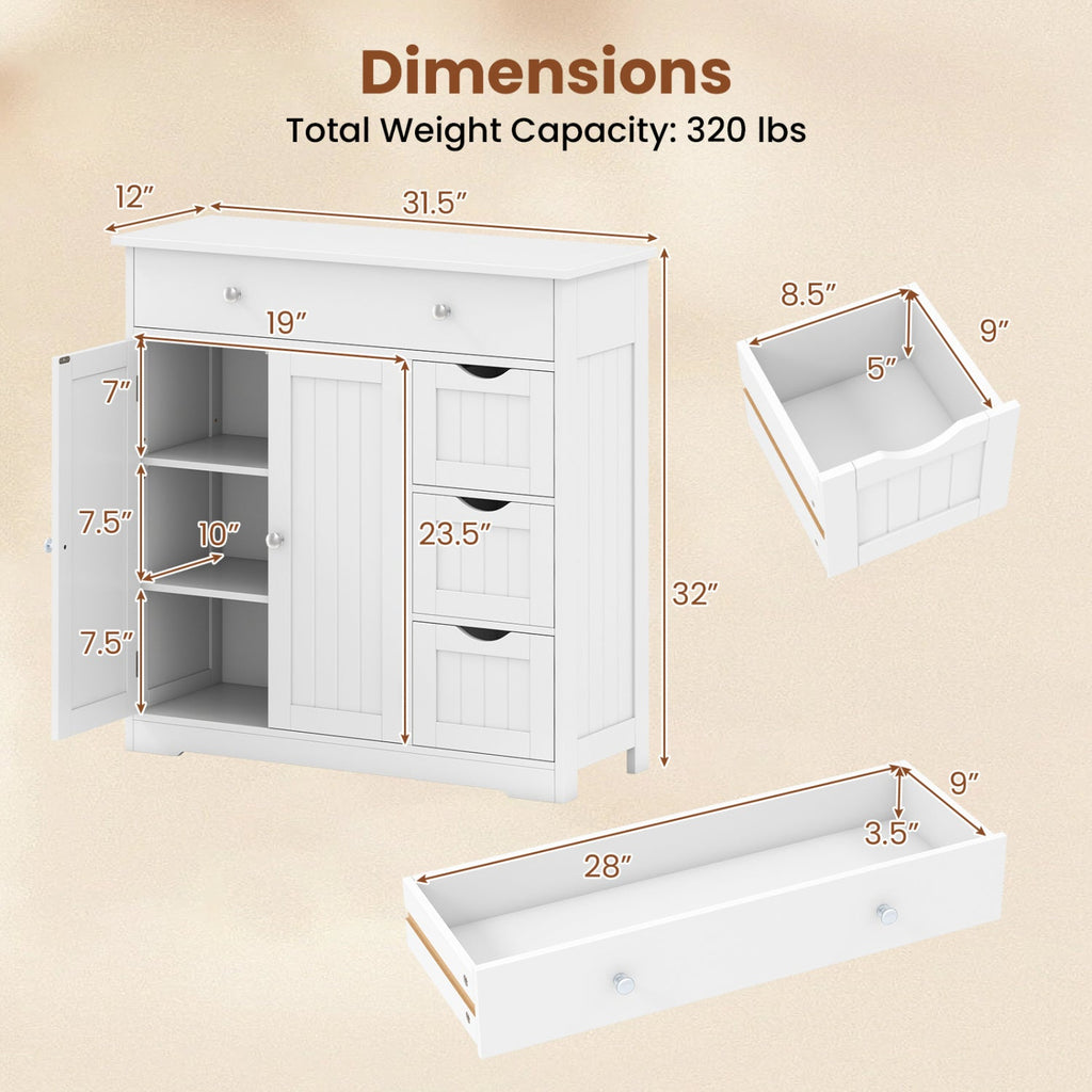 Bathroom Floor Cabinet with 4 Drawers & 2 Doors