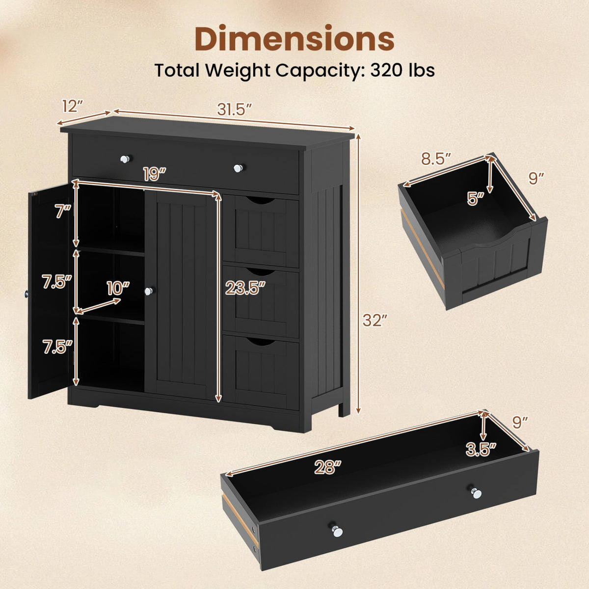 Bathroom Floor Cabinet with 4 Drawers & 2 Doors