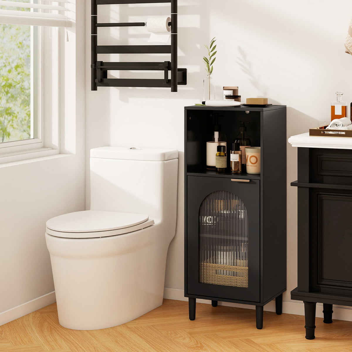 Bathroom Floor Cabinet with Glass Door & Adjustable Shelf