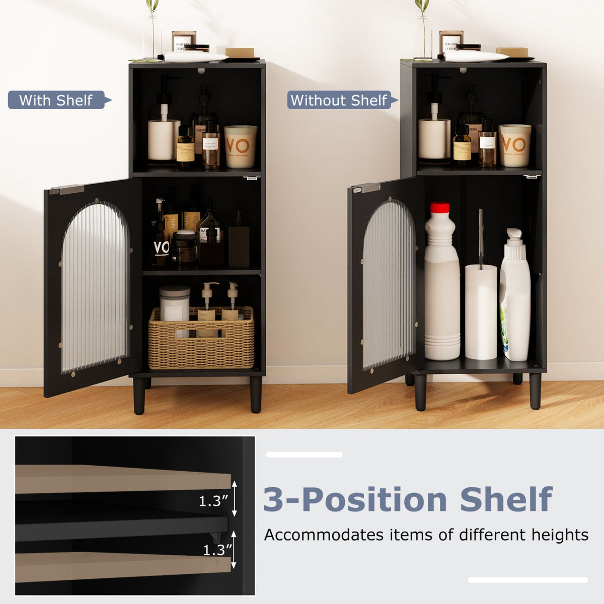 Bathroom Floor Cabinet with Glass Door & Adjustable Shelf