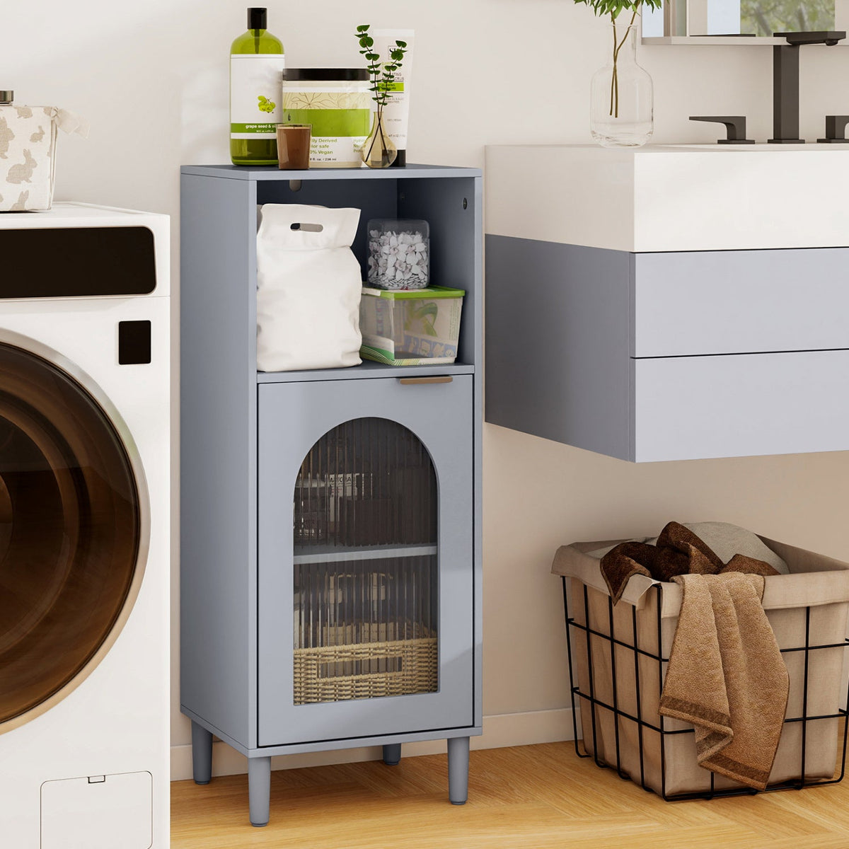 Bathroom Floor Cabinet with Glass Door & Adjustable Shelf