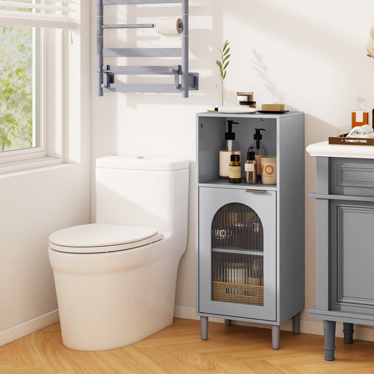 Bathroom Floor Cabinet with Glass Door & Adjustable Shelf