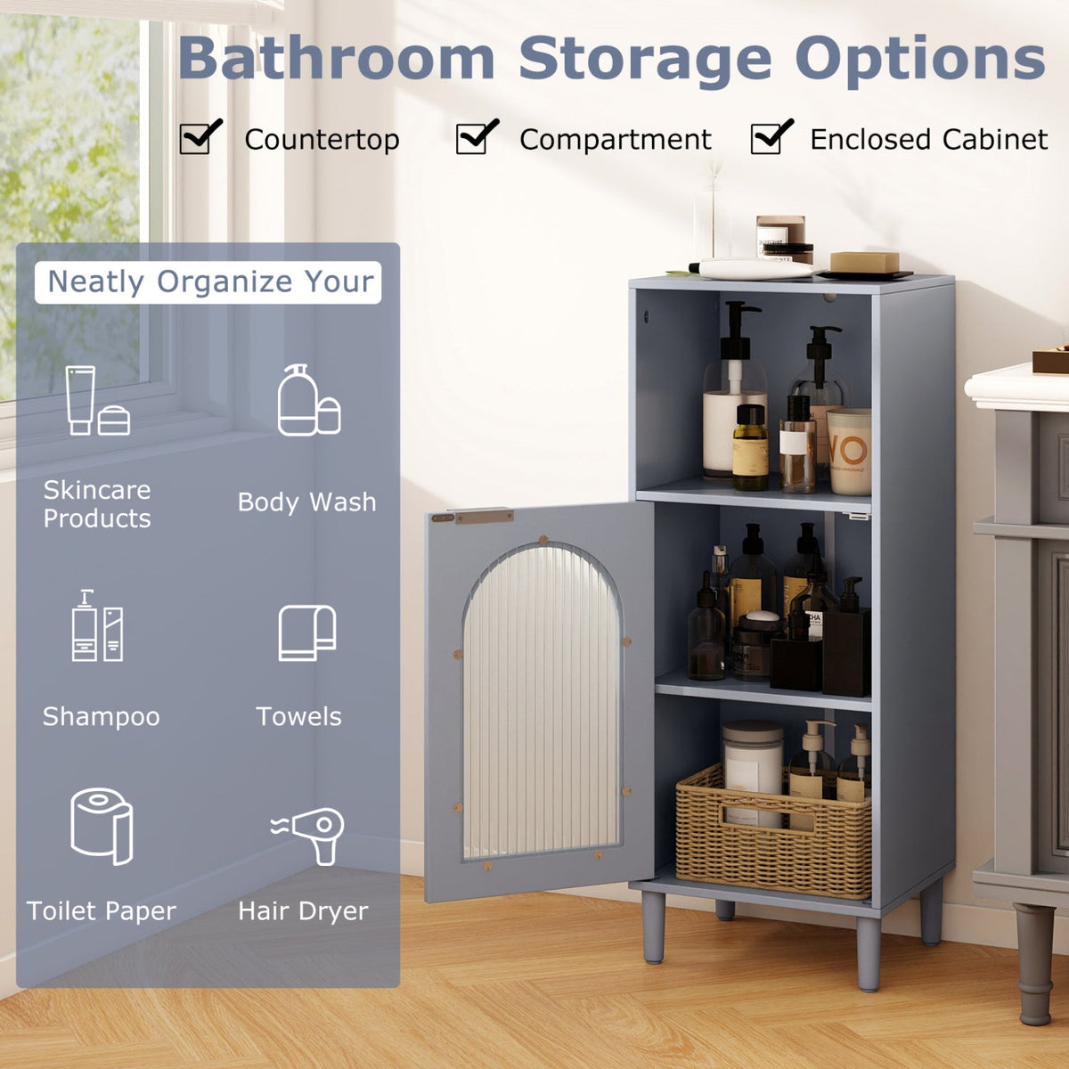 Bathroom Floor Cabinet with Glass Door & Adjustable Shelf