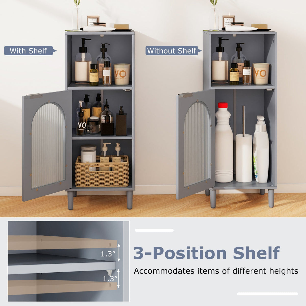 Bathroom Floor Cabinet with Glass Door & Adjustable Shelf