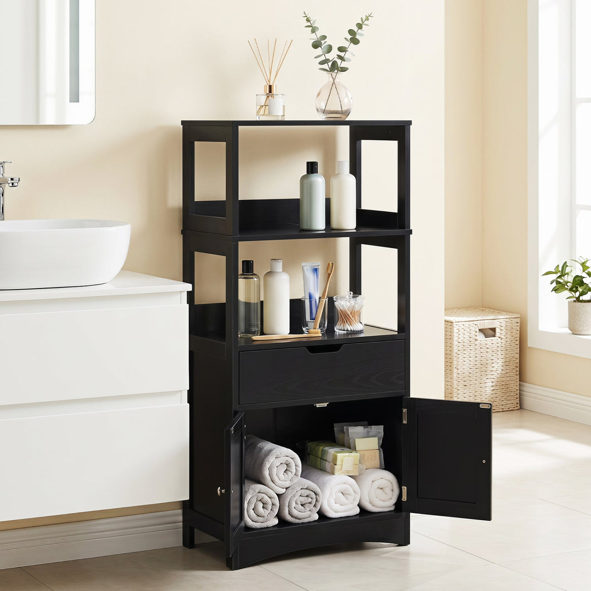 Bathroom Cabinet with Open Shelves & Drawer