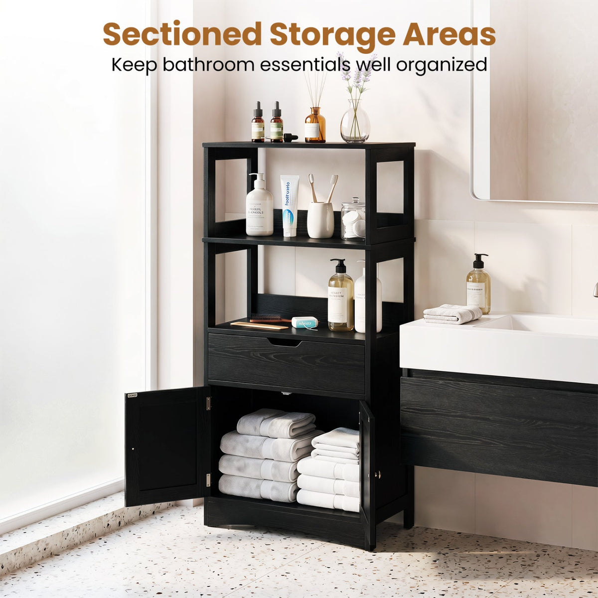 Bathroom Cabinet with Open Shelves & Drawer
